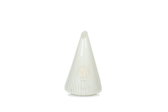 Image 1 of Conical Murano glass lamp with white striped pattern.  From the '70s.
