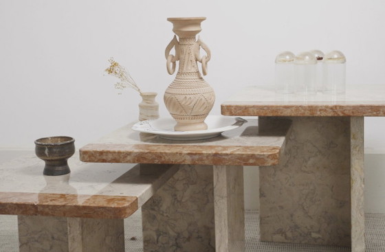 Image 1 of  Vintage Marble Nesting Tables Set of 3, Square Side Tables, Postmodern Solid Fossil Marble Stone Coffee Tables, Modern Accent F