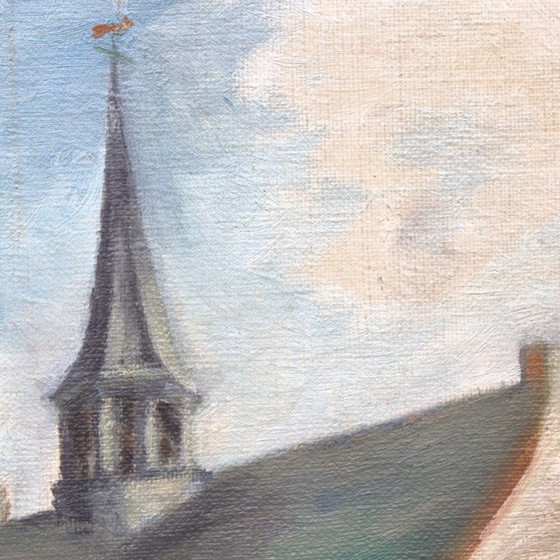 Image 1 of Vintage olieverfschilderij op canvas, gesigneerd, kerk, Europese vondst, landelijk stilleven, gedateerd 1950, wanddecoratie