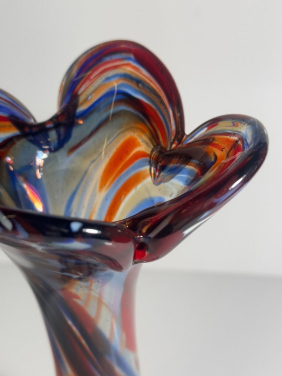 Image 1 of Murano confetti glass flower vase, blue and orange speckled, 1970s mid-century vase, Italy