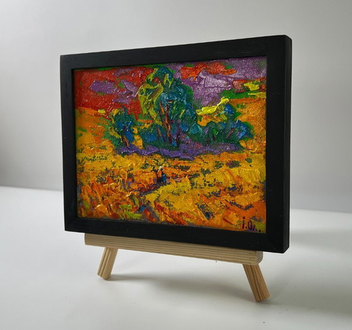 Original Oil Painting Summer Evening Landscape Crimson Sunset – schilderijen tekeningen, Canvas (photo 2 of 8)