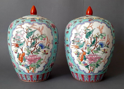 2 Chinese Famille Rose lidded pots