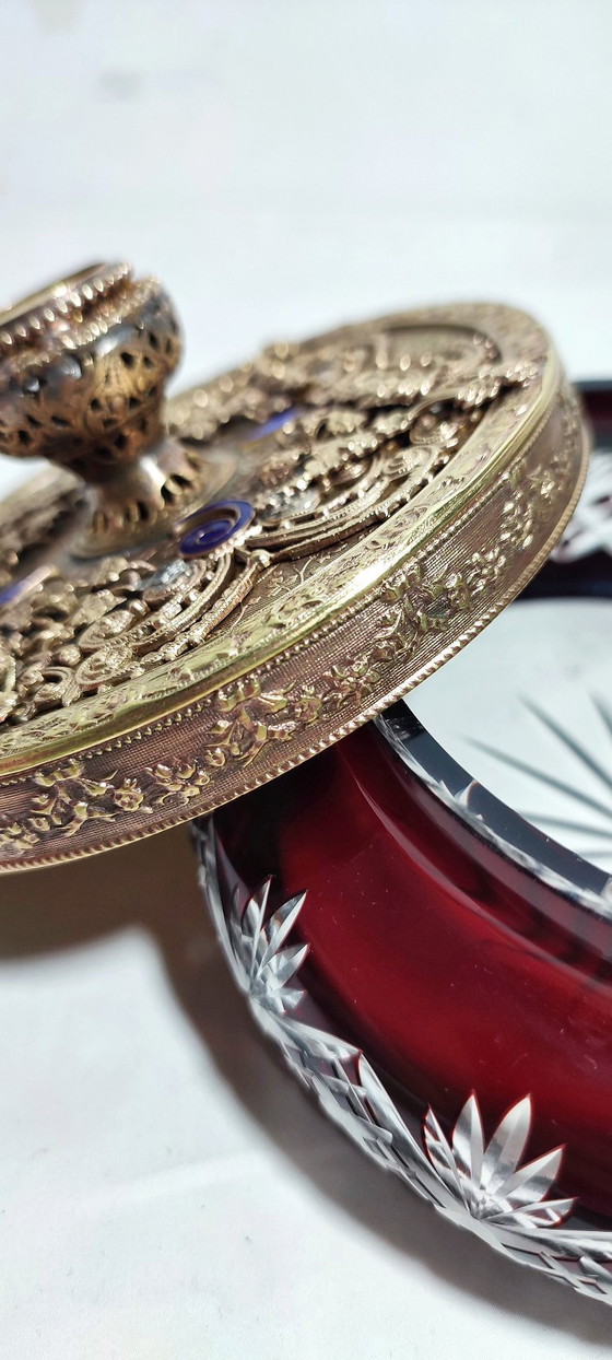 Image 1 of Scatola per gioielli in vetro e metallo E&JB Empire Gold Art. USA, anni '20.