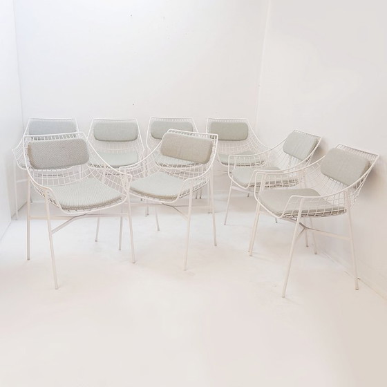 Image 1 of Set van 8 moderne witgelakte stalen fauteuils