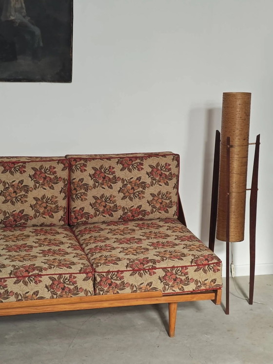 Folding sofa bed Canapé banquette Interier Praha 1960 floral pattern fabric – 3-5 seaters, Wood (photo 28 of 30)