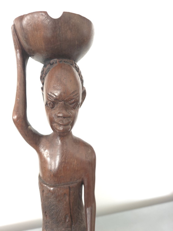 Image 1 of African statue of a woman with a bowl