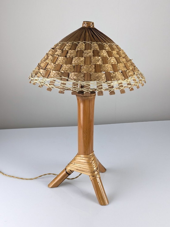 Image 1 of Bamboo and Rattan Table Lamp with Woven Shade, 1950s