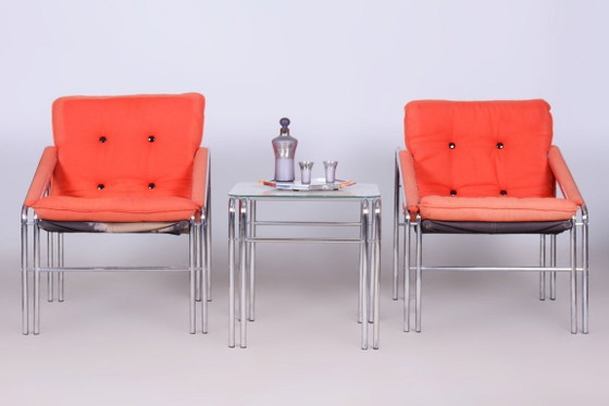 Originele 20e-eeuwse zitset met tafel, chroom, glas, Slowakije, jaren 70 – Stoelen / fauteuils, Textile (photo 13 of 14)