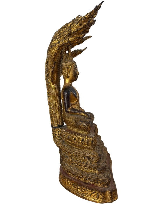 Thai Bronze Naga Buddha – Gilded – Rattanakosin Style Temple Statue – Sculpture (photo 5 of 10)