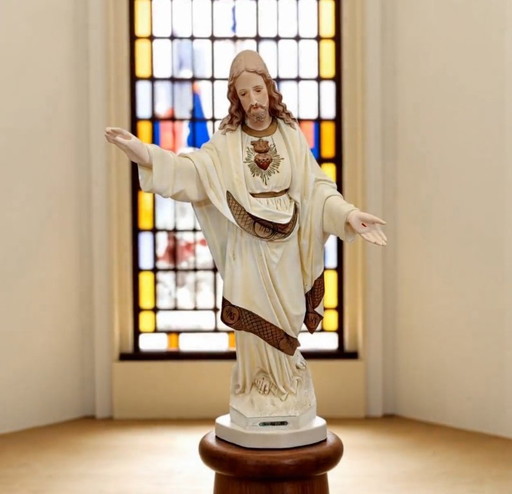 Large Belgian Devotional Polychrome Sacred Heart of Jesus Statue, plaster 1900s