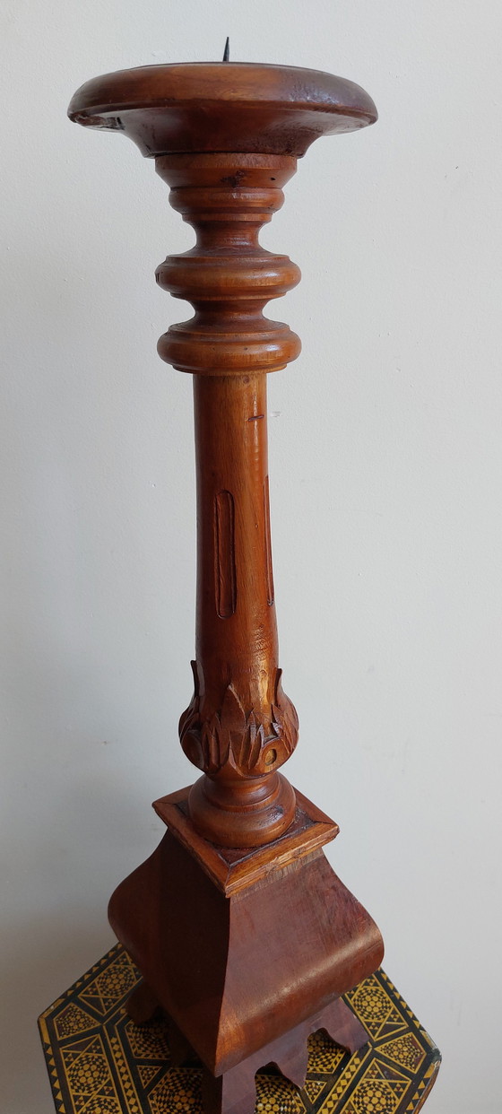 Image 1 of Large Candlestick - Wood - Hand Carved Asia - - 1950-1960