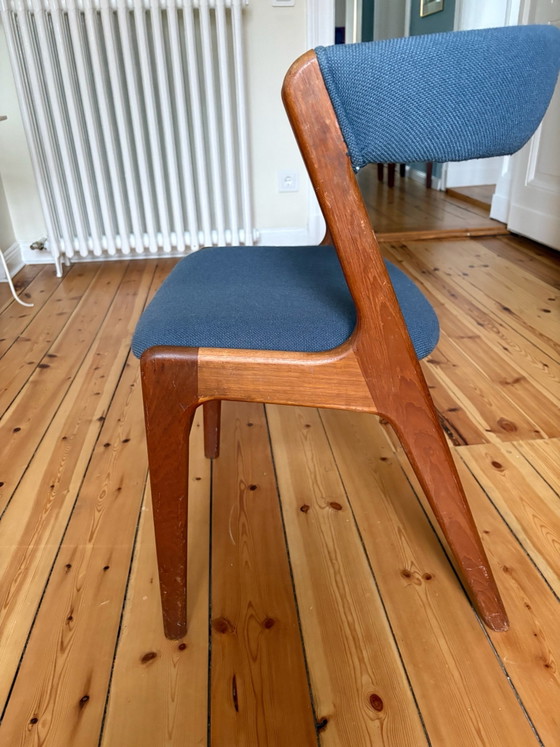 Mooie Vintage Teak Mid Century Stoel, Eetkamerstoelen, Textiel, Hout, Blauw (foto 4 van 5)
