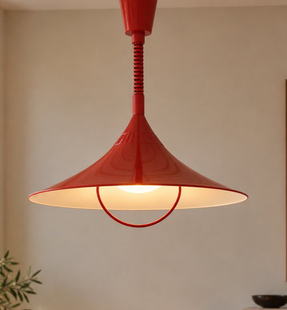 Vintage Rode Trekpendel Jaren 70 | Semi Style | Space Age Ø 46 cm – Hanglampen, Metal, Plastic (photo 3 of 12)
