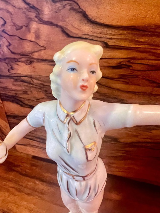 Image 1 of Art Deco porcelain figurine, Neuendorf decorative porcelain &quot;Girl with Ball&quot; aka &quot;Volleyball Player,&quot; circa 