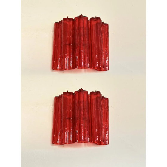 Image 1 of Paire d'appliques murales modernes en verre de Murano rouge Tronchi
