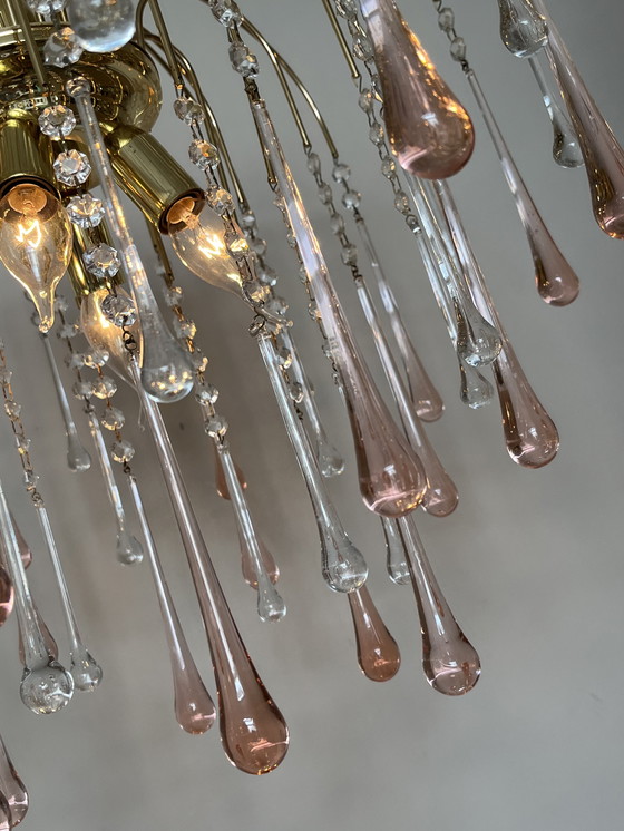 Image 1 of Lampada a sospensione vintage XXL in cristallo rosa a goccia, italiana