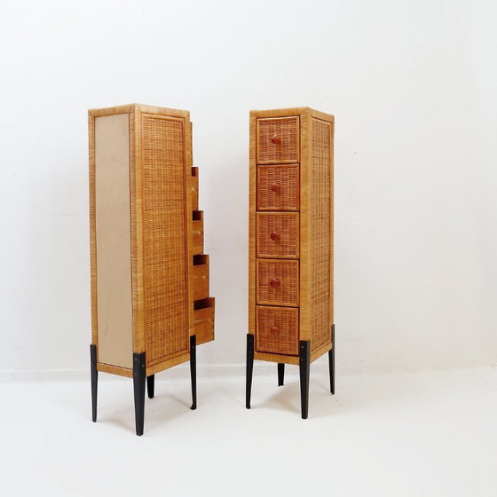 Image 1 of Pair of small vintage wicker chests of drawers with five drawers