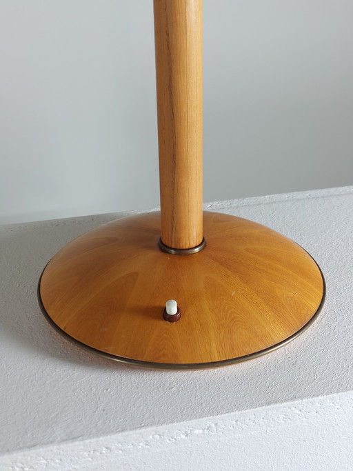 Vintage Temde wood brass 1950s table lamp basket shade