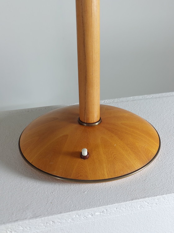 Image 1 of Vintage Temde wood brass 1950s table lamp basket shade