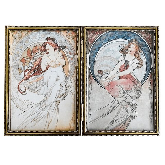 Image 1 of Dittico Art Nouveau vintage, dipinto di Alphonse Mucha, doppia cornice in metallo placcato oro, anni '80