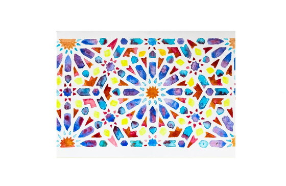 Image 1 of Aquarelle originale représentant une faïence arabe. Peinture géométrique. Neuve.