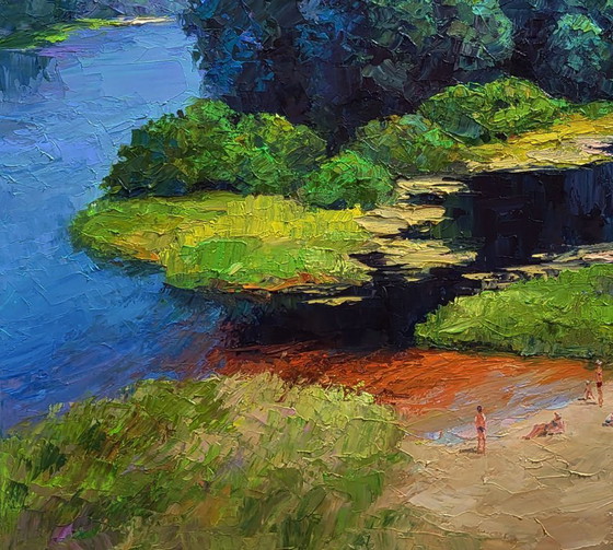 Image 1 of Pintura al óleo original: Paisaje natural, relax veraniego en la playa del río.