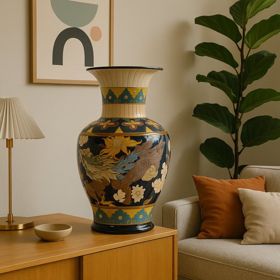 Image 1 of Grande vaso vintage in stile cloisonné - dipinto a mano - 50 cm - ottimo in