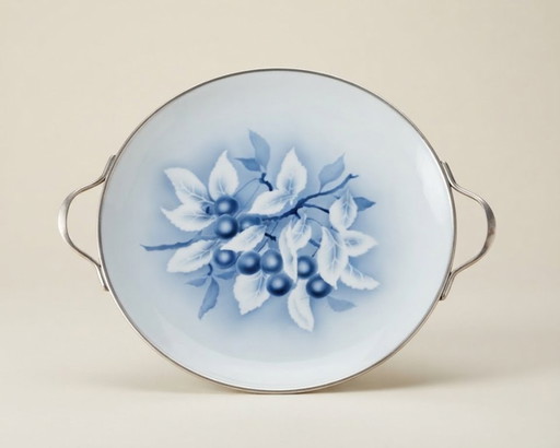 Plat à Gâteau / Plateau de Service Vintage avec Poignées Métalliques – Porcelaine Bleu-Blanc