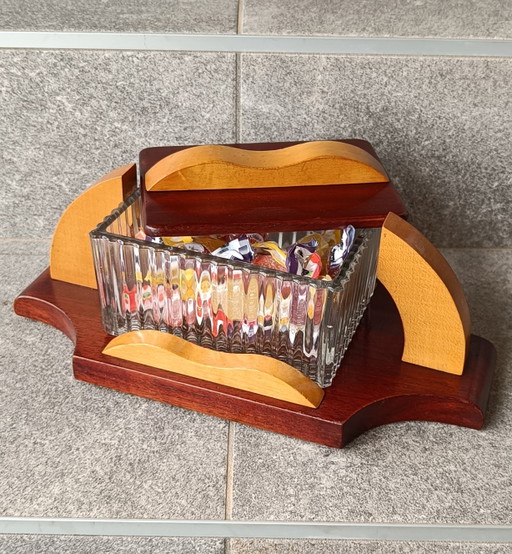 Scatola porta caramelle/vasetto per bonbon vintage in legno e vetro, Italia anni '60