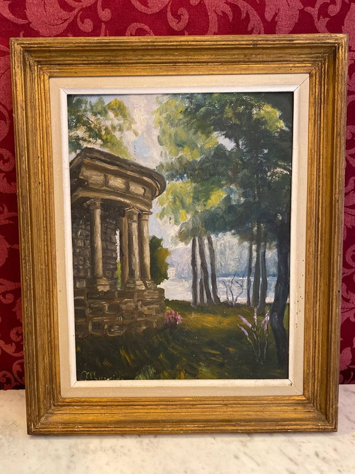 Oil on wood, Italianate park with columnar temple, circa , gilded frame, 47 x 37 cm – schilderijen tekeningen