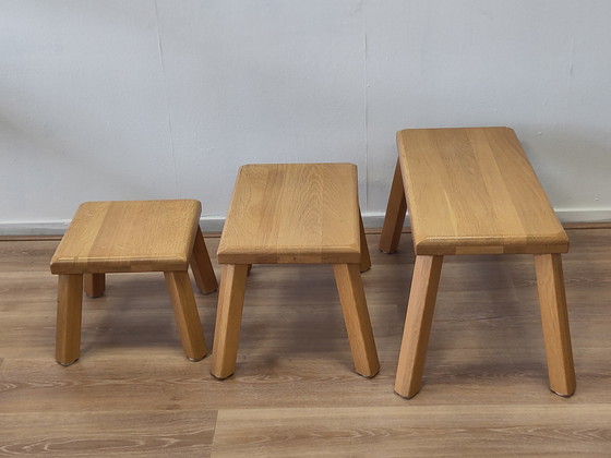 Image 1 of Vintage set of side tables in oak, brutalist