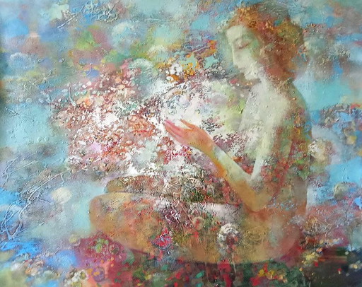 Original Oil Painting Abstract Expressionism Symbolism Girl Spring – schilderijen tekeningen, Canvas