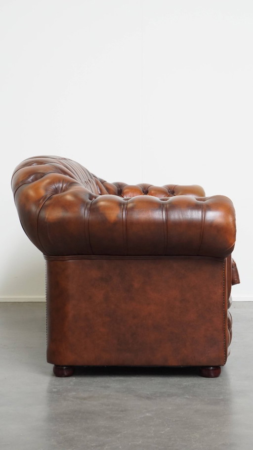 Cognac brown English cowhide leather 2.5 seater chesterfield sofa