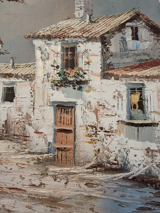 Atmospheric Village Scene, Oil on panel, Signed 'Pascual', Includes classic wooden frame, Art, Canvas, Beige (photo 6 of 9)