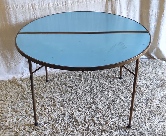 Image 1 of Round folding table in metal and blue Formica - 1960s/70s