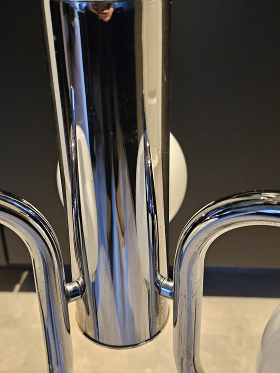 Image 1 of Lampada a sospensione vintage in stile spaziale cromata con sfere/paralumi in vetro