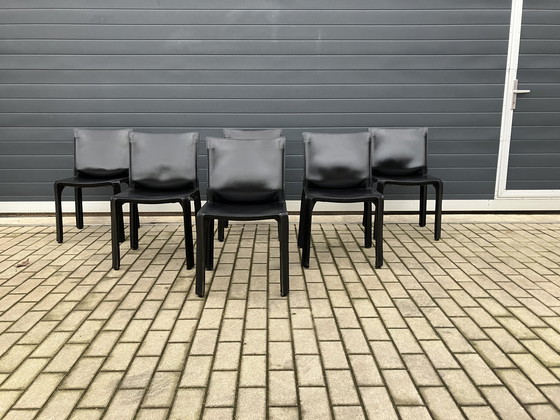 Image 1 of 6x Cassina Kabinenstuhl, schwarzes Gurtleder, Mario Bellini