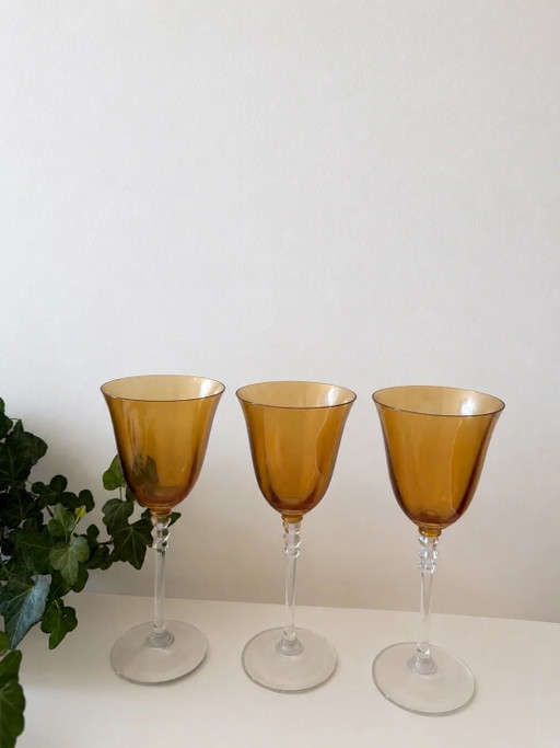 Set of 3 amber-colored wine glasses