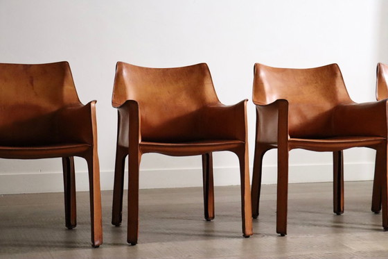 Image 1 of 6er-Set Cassina CAB Esszimmerstühle mit Armlehnen in cognacfarbenem Leder von Mario Bellini, Italien, 1970er Jahre