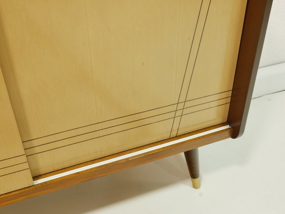 Image 1 of Vintage 1960s shoe cabinet, mid-century shoe chest, mahogany & birch, sliding doors, Germany