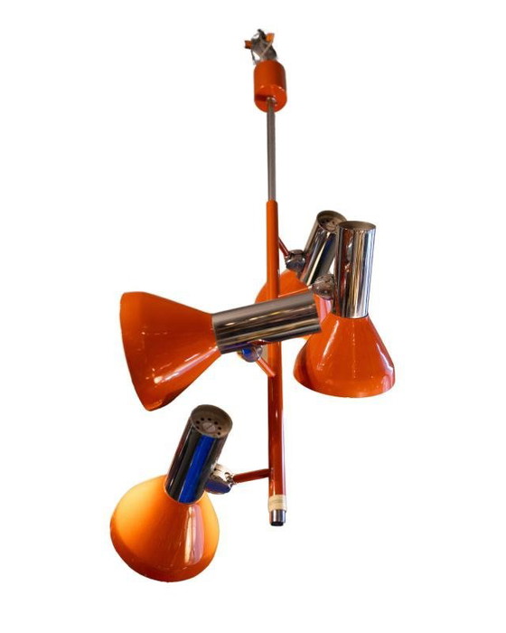 Vintage Space Age Verstelbare Hanglamp met 4 Spots in Verchroomd Staal & Oranje Lak, jaren 70 – Hanglampen (photo 12 of 12)