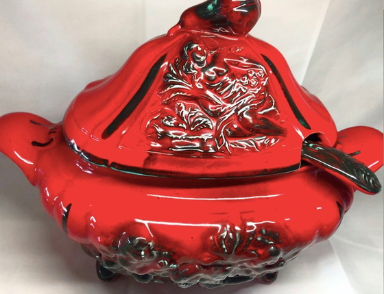 Image 1 of Large Vintage Red Ceramic Soup Tureen w Lid & Ladle Baroque Style Serving Bowl 38cm