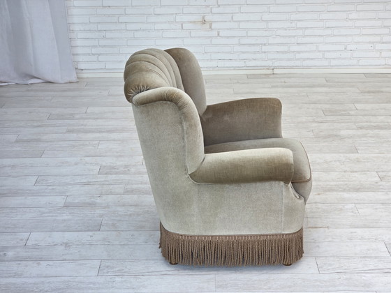 Image 1 of 1970s Danish Armchair, Original Condition, Furniture Velour, Beech Wood