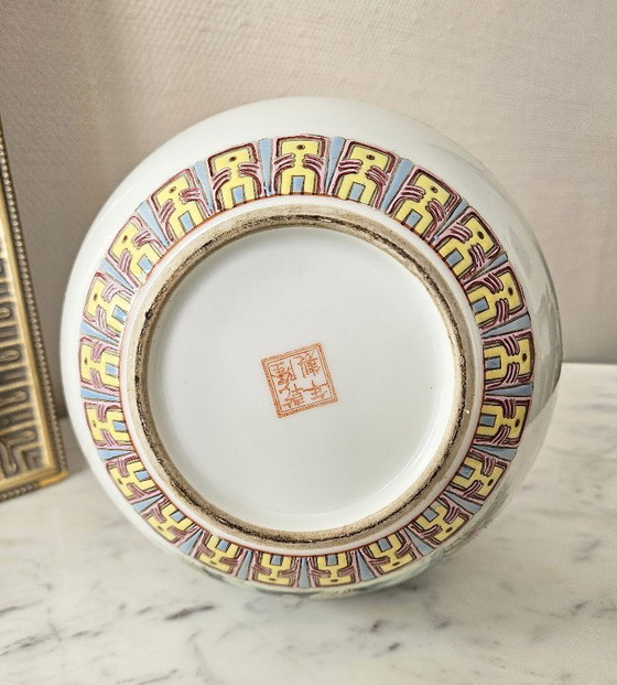 Image 1 of Large Chinese Porcelain Vase Lamp with Phoenix and Peony Decoration, Qianlong Style Calligraphy, H36cm, Excellent Condition