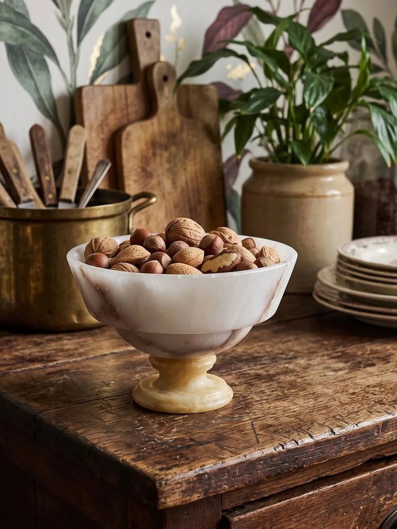 Vintage Italian Alabaster Bowl on Stand, White and Beige, 1960s., Stone (photo 2 of 11)