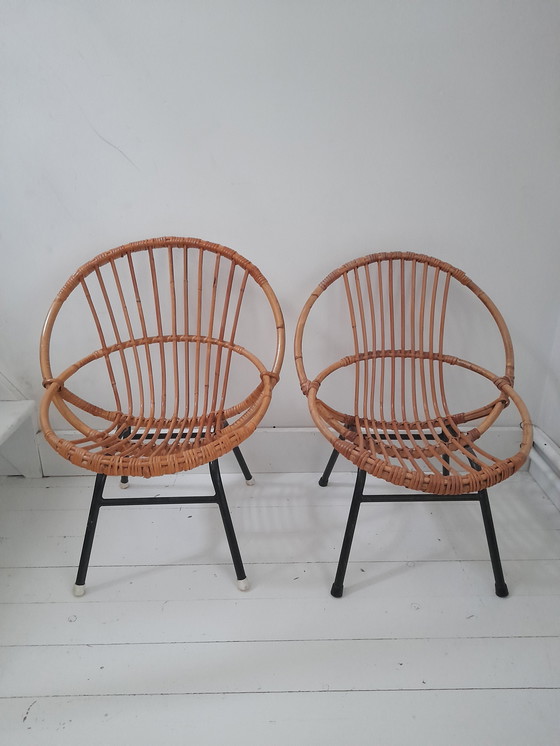 Image 1 of Lot de 2 chaises enfant rotin 1960s