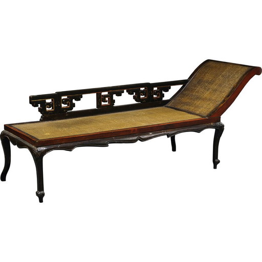 Lit de jour vintage en bois dur et rotin, Chine 1900