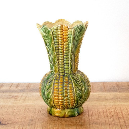 Vintage French Majolica ceramic corn vase: Barbotine earthenware, 1950s