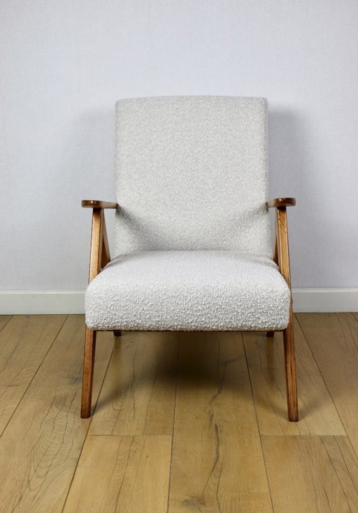 Vintage armchair B-310 VAR white structural boucle 1970s - wood in beech colour