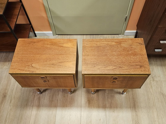 Set of 2 Teak Veneer Nightstands Nightstand Cabinet Drawer, Wood, Brown (photo 2 of 12)